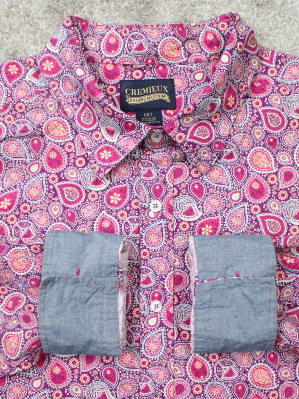 Cremieux Premium Denim Shirt Men 2XT XXL-Tall Pink Geometric Stretch Long Sleeve